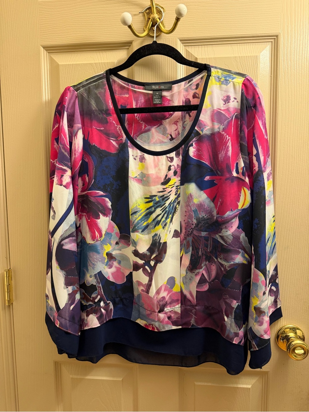 Style & Co. Multicolor Floral Blouse with Navy Trim